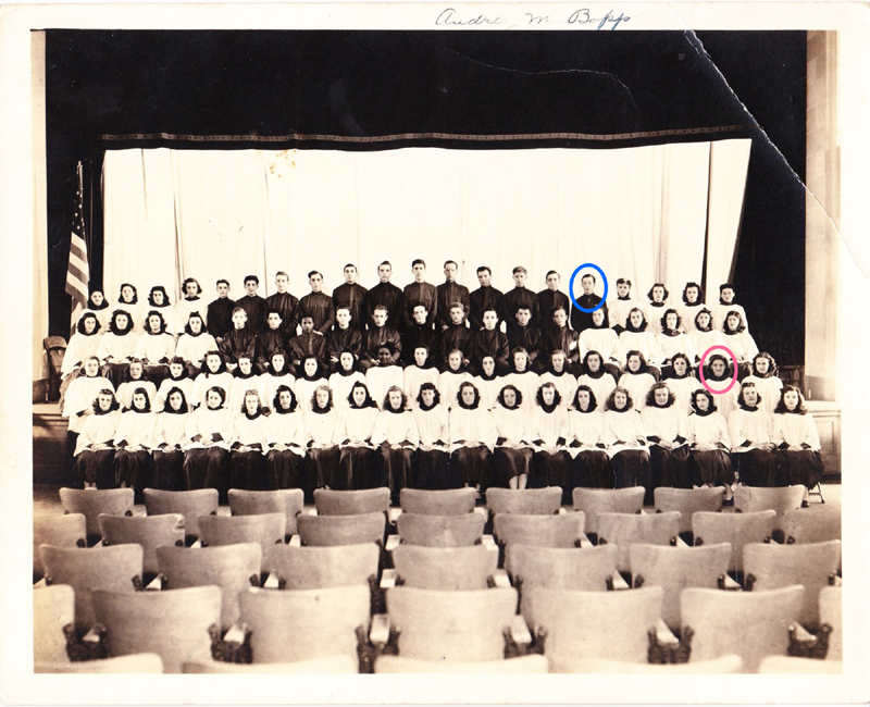 Albany High School Chorus in 1941. (Donald circled in blue and Audrey circled in pink.)